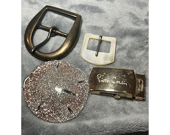 Vintage Belt Buckle Lot Pierre Cardin Brass Mother Pearl Resin Mixed Set 4