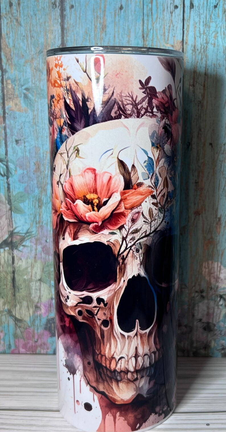 Floral Skull Boho 20 oz Halloween Travel Hot Drink Cold Gift Tumbler Sublimation Crazy Goat Company image 5