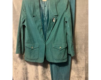 Vintage 90s Country Suburban Corduroy Pants Suit Set Teal Green USA  16