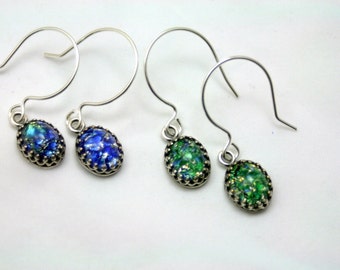 Choice Fire Opal Dangle Sterling Silver Earrings Midnight Blue Woodland Green Enchanting Petite Vintage