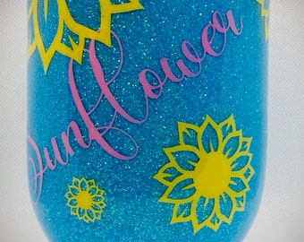 In a world of Roses be a Sunflower Summertime Sippin' Glitter Tumbler 24 oz Teal