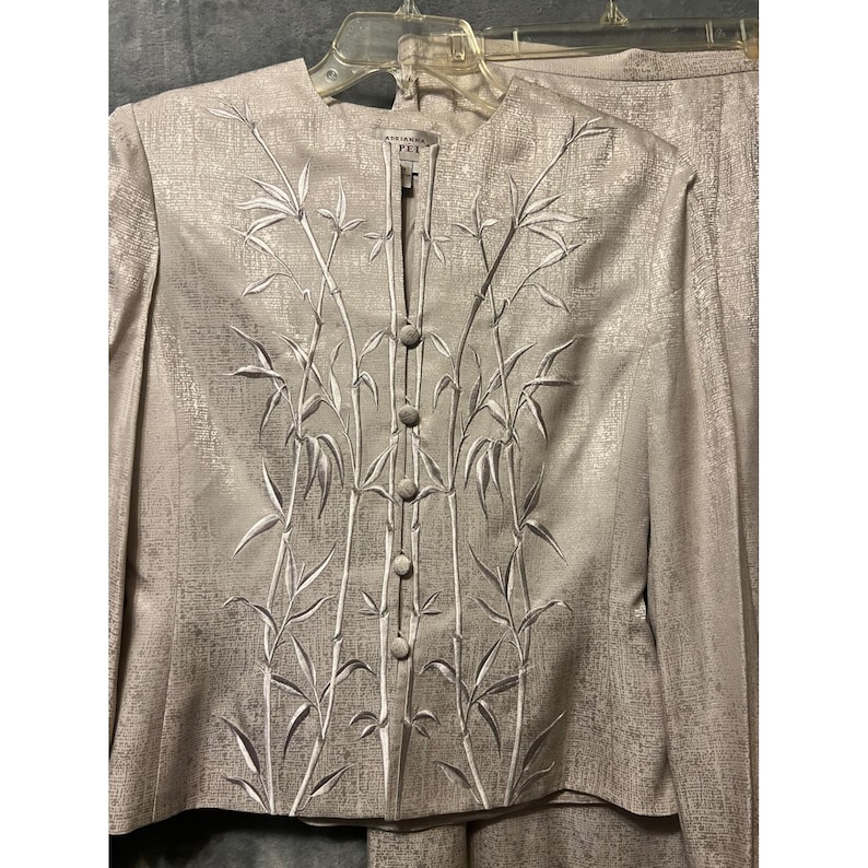 Adrianna Papell Silk Bamboo Embroidered Jacket Skirt Suit Set Size 8 image 2
