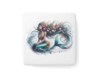 Mermaid Porcelain Magnet, Square, Ocean Dreams Magical, Enchanted Beach Life Mermaid Vibes Under The Sea Fantasy Decor Kitchen Decor Gift