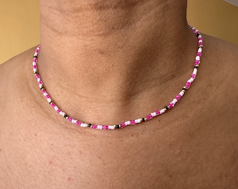 Collier en perles de rocaille | rose, blanc, noir et doré  | fait main