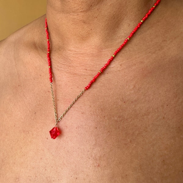 Collier en perles de rocaille | rouge et doré avec chaine doré | fait main