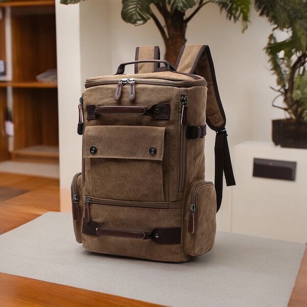 Adventure-Ready Canvas Backpack: Handcrafted with Premium Leather Accents – Perfect for Hiking & Urban Travel