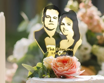 Topper per torta nuziale, arredamento personalizzato in oro, regalo popolare per il suo anniversario personalizzato, ritratto fotografico di coppia di sposi unico fatto a mano