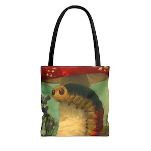 Borsa tote Caterpillar su fungo - Borsa grande media piccola Faith Art - Borsa Fantasy Art - Doppia faccia - Alice nel Paese delle Meraviglie
