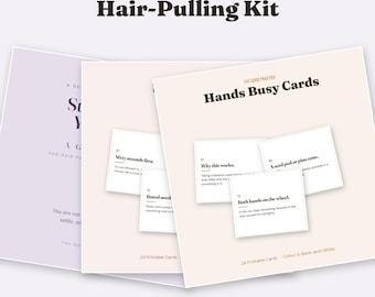 Op de afbeelding: Een set printbare kaarten getiteld The Good Practice Hair-Pulling Kit en Hands Busy Cards. De kaarten bevatten tekst op een lichtpaarse en crèmekleurige achtergrond, waaronder instructies zoals Sixty seconds first en Both hands on the wheel.