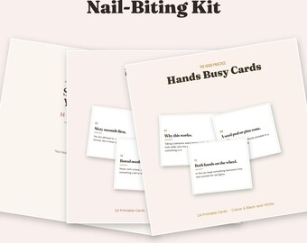 Op de afbeelding: Een nagelbijtset met Hands Busy Cards met 24 printbare kaarten in kleur en zwart-wit. De kaarten bevatten tekst zoals Sixty seconds first, Bored needs, Why this works, A seed pod or pine cone en Both hands on the wheel.