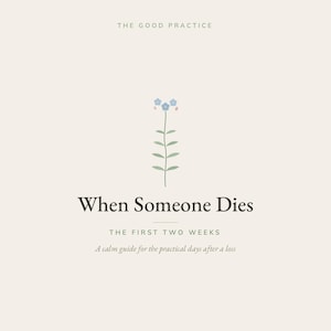 May include: A book cover with a light beige background featuring a small illustration of a green stem with blue flowers. The text reads: THE GOOD PRACTICE, When Someone Dies, THE FIRST TWO WEEKS, A calm guide for the practical days after a loss.