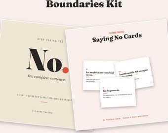 Op de afbeelding: De The Good Practice Boundaries Kit bevat een gids getiteld No. is a complete sentence en een set Saying No Cards. De materialen tonen zwarte en rode tekst op een crèmekleurige achtergrond met 24 printbare kaarten in kleur en zwart-wit.