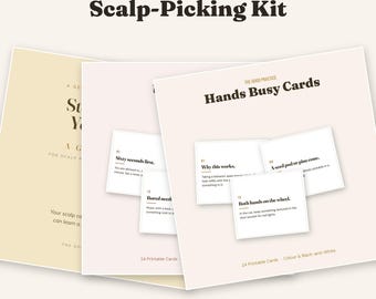 Op de afbeelding: De Scalp-Picking Kit van The Good Practice bevat printbare kaarten genaamd Hands Busy Cards en een gids. De kaarten bevatten tekst zoals Sixty seconds first, Bored needs, Why this works, A seed pod of pine cone en Both hands on the wheel.