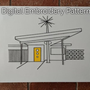 DIGITAL EMBROIDERY PATTERN: &quot;Rancho Mirage&quot; Mid-century modern house yellow door asymmetric geometric string art embroidery wall hanging