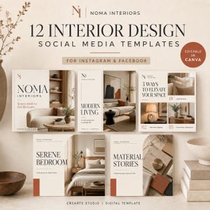 Puede incluir: Un conjunto de 12 plantillas de diseño de interiores para redes sociales en Instagram y Facebook, con el logotipo y texto de Noma Interiors. Las plantillas muestran varios diseños de habitaciones, incluyendo una sala, dormitorio y texturas en beige.