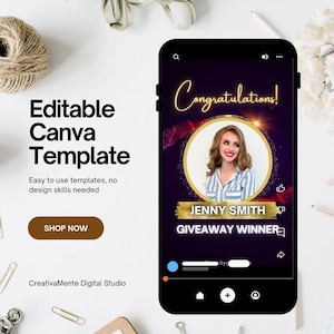 Puede incluir: Un smartphone muestra un gráfico digital con el texto Congratulations, Jenny Smith y Giveaway Winner. La pantalla presenta un marco circular que contiene el retrato de una persona con camisa de rayas azules y blancas sobre un fondo oscuro.