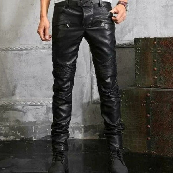 Men's Hot Multi-Color Genuine Leather Pants - Nightclub & Motorcycle Wax Bluff Trousers