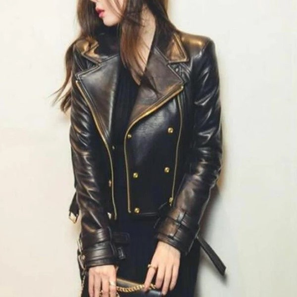 New Women's Black Slim Fit Biker Style Real Leather Jacket | Vintage Motorcycle Jacket | Short Body Jacket | Sizes XS to 3XL