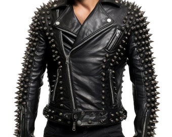 Rock Sleeve: Herren-Motorradjacke aus echtem Leder mit Punk-Spike-Nieten