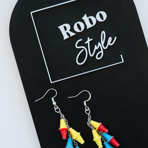 4 Color Override Game Piece Chain Earrings | Robotics Competition Jewelry | 3D Printed STEM Earrings | Colorful Dangle Earrings