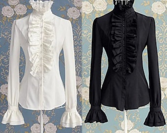 Victorian Blouses Women Minimalist Office Ladies White Shirt High Neck Frill Ruffle Cuffs Shirts