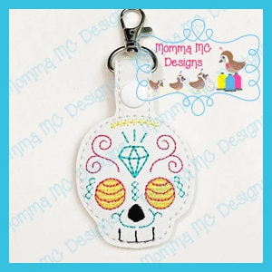 Sugar Skull 2 Key Fob Snap Tab Machine Embroidery Design