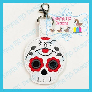 Sugar Skull 1 Key Fob Snap Tab Machine Embroidery Design