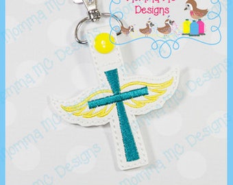 Winged Cross Key Fob Snap Tab Machine Embroidery Design