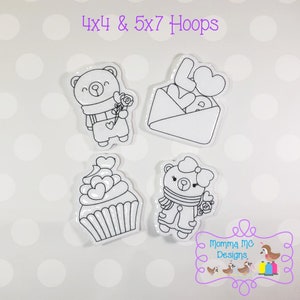 Valentine Bears Flat Reusable Color Me Coloring Dolls - Set of 4 - 5x7 & 4x4 Hoops - ITH Machine Embroidery File