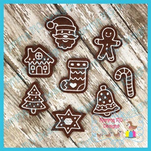 May include: Set of eight gingerbread cookie-themed embroidery designs. The designs include a gingerbread house, a gingerbread man, a stocking, a candy cane, a bell, a star, a Christmas tree, and Santa Claus.