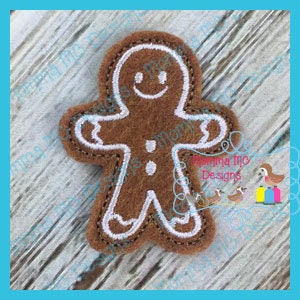 May include: A white outline gingerbread man with a brown body and a smiling face. The gingerbread man has three buttons and is standing with its arms outstretched.