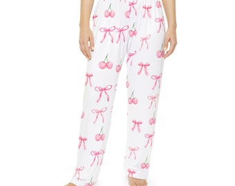 Pantalones de pijama para mujer Coquette Cherry, ropa de estar por casa estética rosa, ropa de dormir bonita, pantalones de pijama con estampado de cerezas, ropa de dormir cómoda