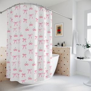 Coquette Pink Bow Shower Curtain, Girly Bathroom Decor, Bow Detail Bath Curtain, Cute Shower Curtain, Pink Bathroom Accessories