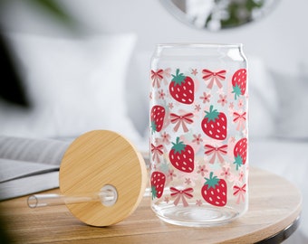Vaso con lazo de fresa: Vaso de vidrio con estampado de frutas Coquette