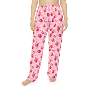 Coquette Cherries Pajama Bottoms, Cherry Print Sleepwear, Bows Lounge Pants, Cute Loungewear, Women&#39;s Pajamas ,Coquette Bows,Cherry Print