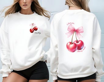 Personalized Cherry Sweatshirt, Unisex Crewneck Jumper, Front & Back Customized Jumper, Cozy Pullover, Custom Sweatshirt Gift for Him/Her