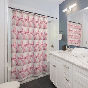 Coquette Pink Bow Shower Curtain, Girly Bathroom Decor, Bow Detail Bath Curtain, Cute Shower Curtain, Pink Bathroom Accessories