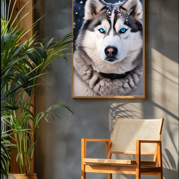 Digital Photo of the visual journey through the majestic world of Siberian Huskies, where the piercing gaze of ice-blue eyes.