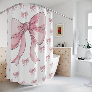 Coquette Pink Bow Shower Curtain, Girly Bathroom Decor, Bow Detail Bath Curtain, Cute Shower Curtain, Pink Bathroom Accessories