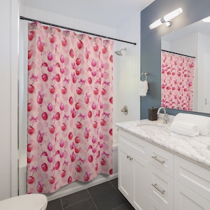 Coquette Pink Bow Shower Curtain, Girly Bathroom Decor, Bow Detail Bath Curtain, Cute Shower Curtain, Pink Bathroom Accessories