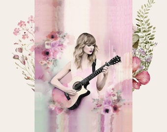 Taylor Poster for Bedroom Guitarist Girls Room Wall Art Watercolor Pink Pastel Posters for Nieces Birthday Daughter Gift Christmas Present