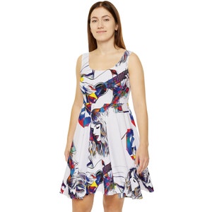 Pop Art Skater Dress: Guitar Singer Print, Vibrant Red Blue