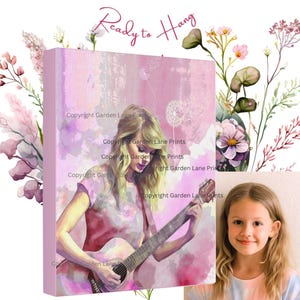 Taylor Canvas Wall Art Print: Pop Guitarist Portrait, Pink Bedroom Decor for Girls