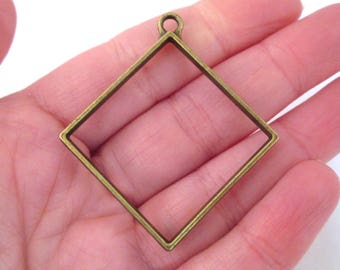 3 Brass Plated 48mm Diamond Open Back Bezel Pendants, Bronze Square Charms, DIY Pressed Flower Uv Resin Blank Bases  F238
