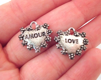 Silver Heart Charms 15x15mm, Love Charms, Amour Charms, double sided, L135