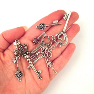 Assorted skeleton key charm grab bag mix, silver plated pendants, D175