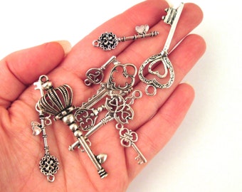 Assorted skeleton key charm grab bag mix, silver plated pendants, D175