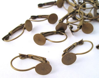 8mm flat pad leverback earring hook blanks, brass plated ear ring base, pick your amount, C34