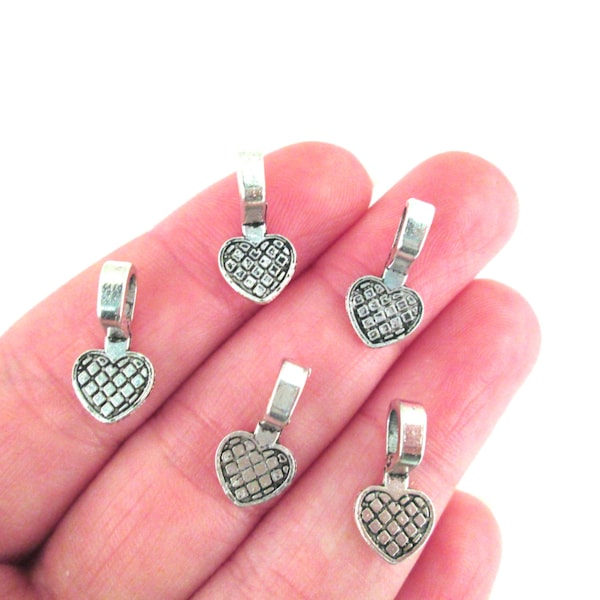 10 SMALL Silver Heart Glue On Bails, B2