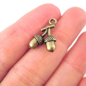 12 Double sided acorn charms, brass plated pendants, 12x18mm, D41